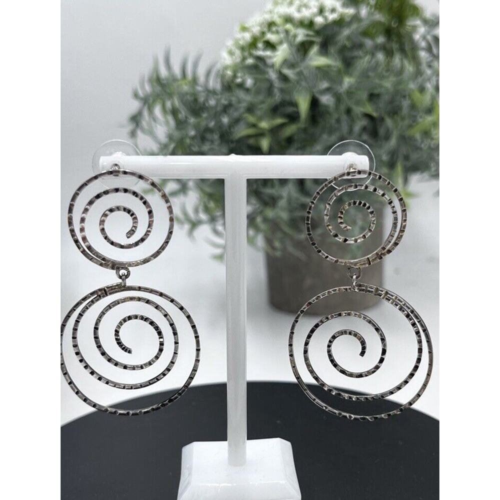 Vintage Signed CA 925 Sterling Silver Hammered Swirl‎ Twirl Dangle Post Earrings